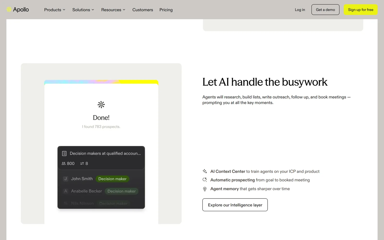 Apollo's homepage section on agents: a panel reading Done, I found 783 prospects, over a list of decision makers, beside the heading Let AI handle the busywork.