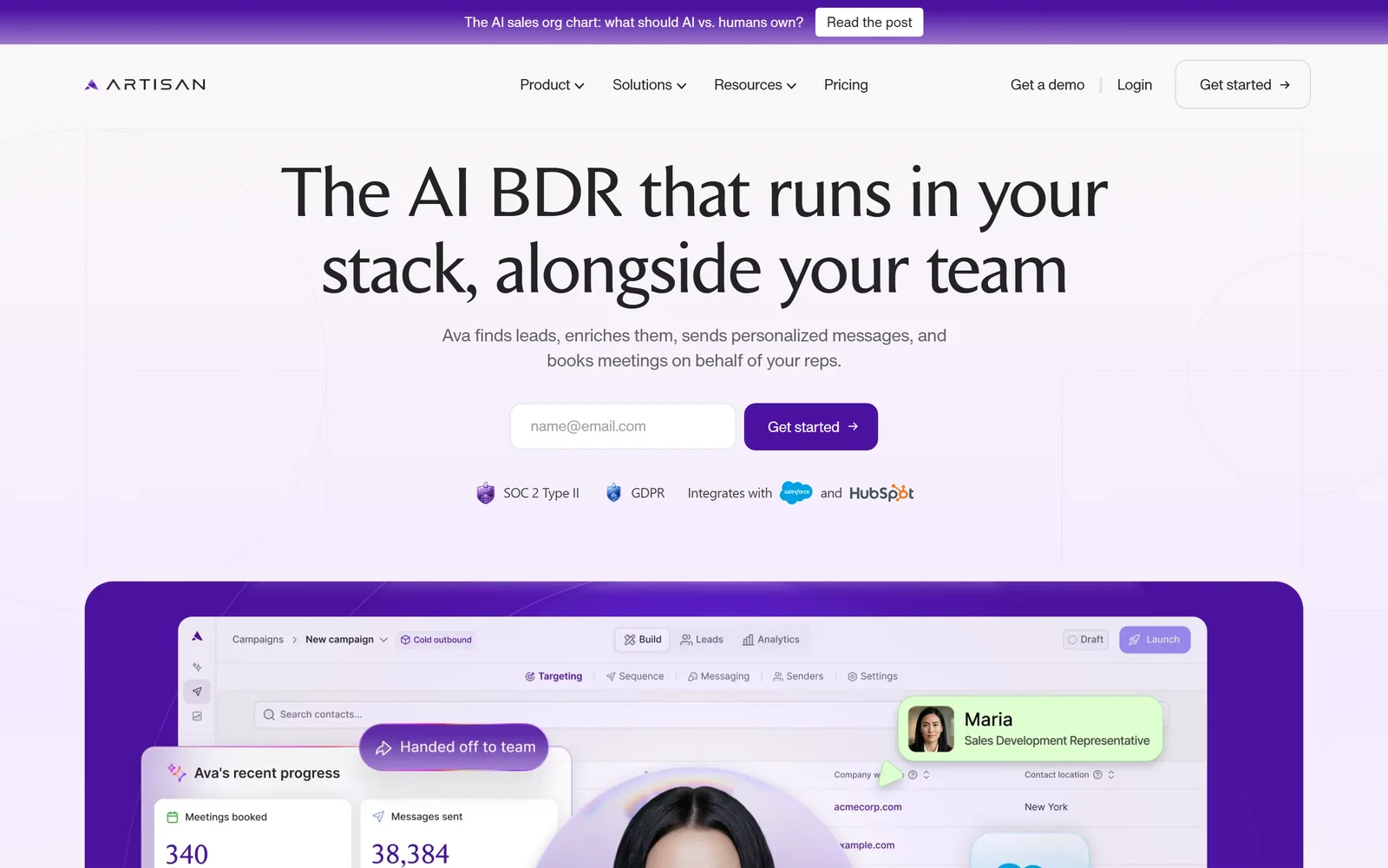 Artisan's homepage: the headline The AI BDR that runs in your stack, alongside your team, over a campaign screen with Ava's meetings booked and messages sent.