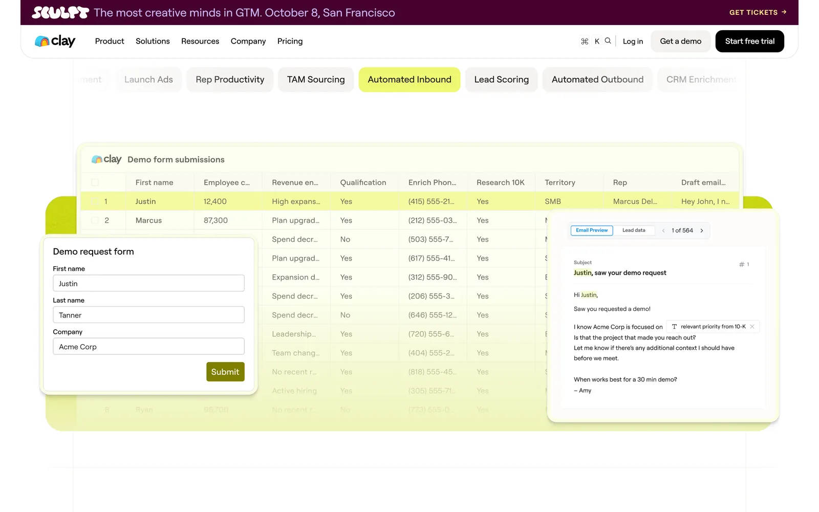Clay's inbound example on clay.com: a demo request form feeding a table of submissions with revenue, a qualification column and a territory, and a drafted reply beside it.