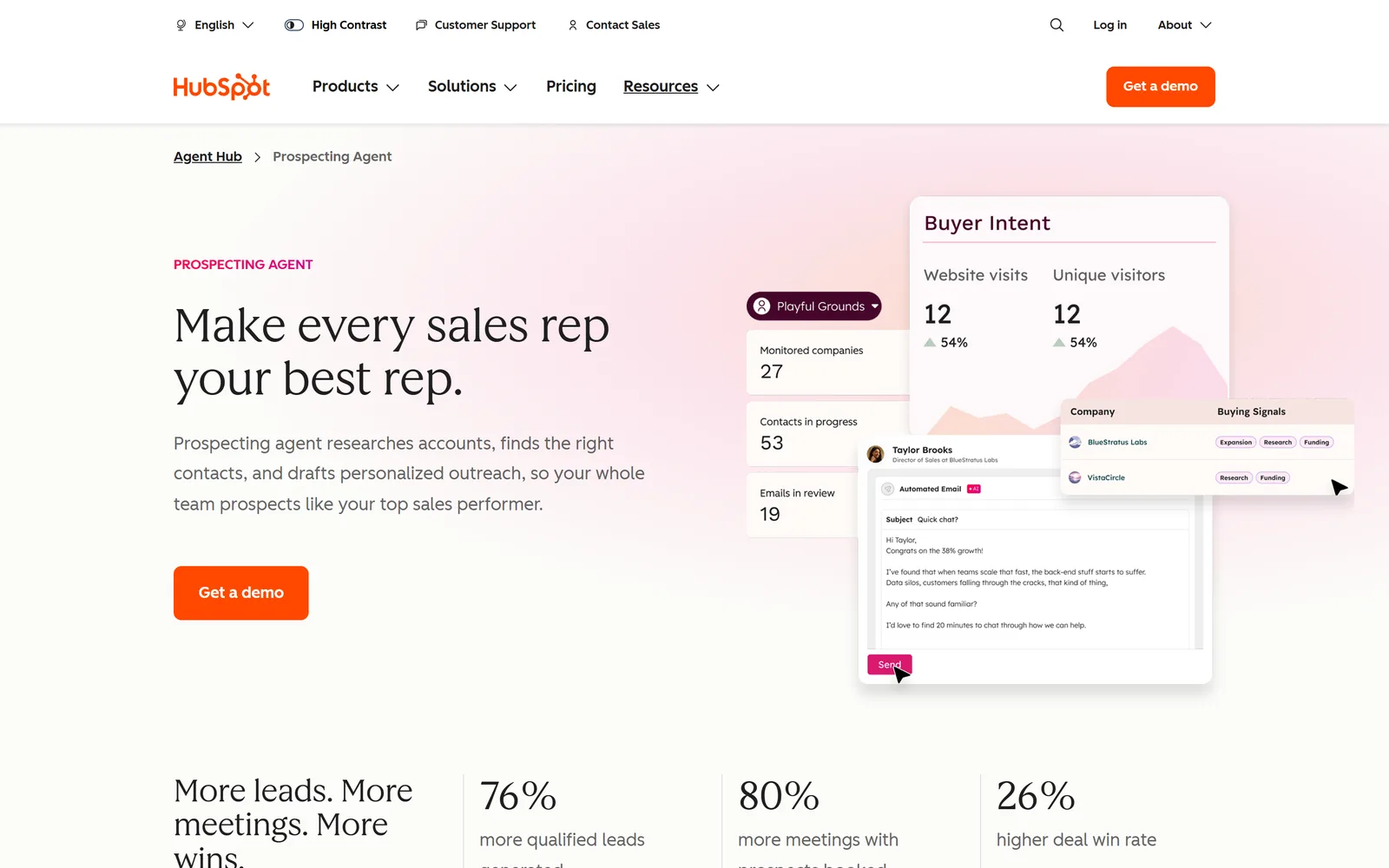 HubSpot's prospecting agent page: the headline Make every sales rep your best rep, beside a buyer intent panel, a list of monitored companies and a drafted email with a Send button.