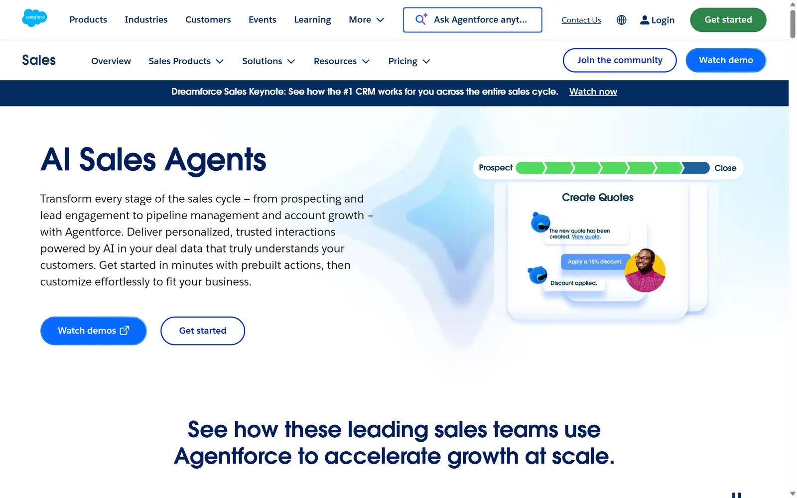 Salesforce's AI Sales Agents page: the heading and a short pitch on the left, a prospect-to-close progress bar and a quote being created by an agent on the right.