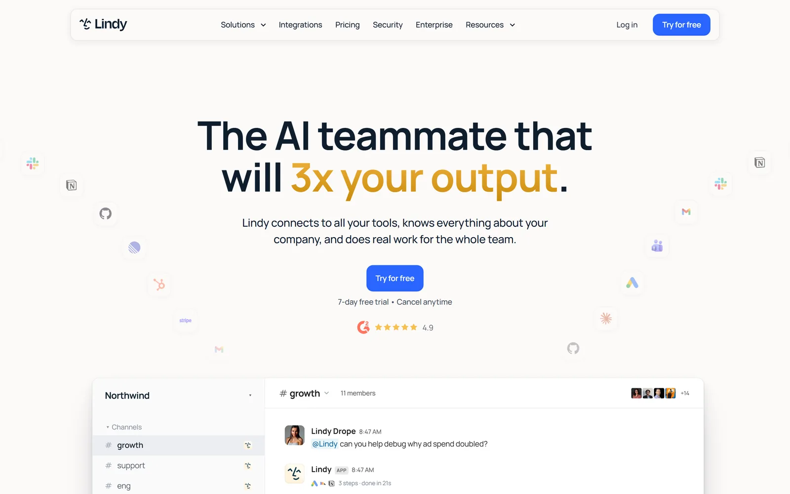 Lindy's homepage: "The AI teammate that will 3x your output", a Try for free button, and a Slack channel where someone asks Lindy to debug an ad spend jump.