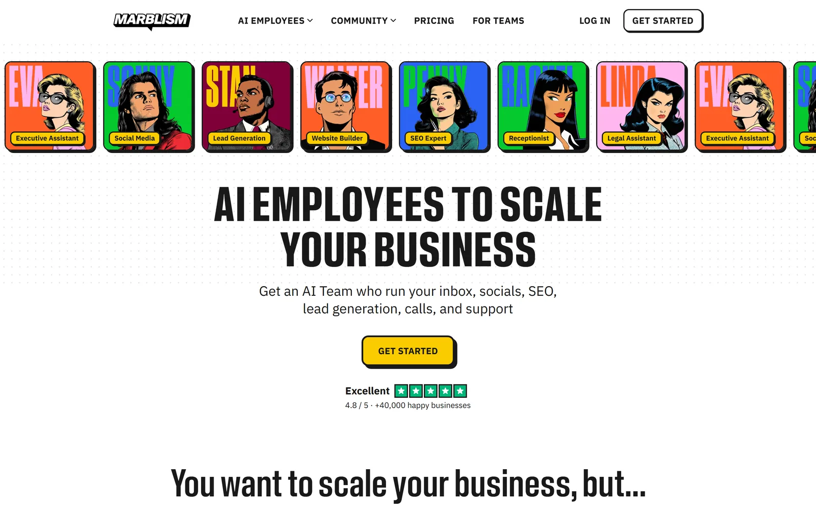 Marblism's homepage: a row of illustrated AI employees (Executive Assistant, Social Media, Lead Generation, Website Builder, SEO Expert, Receptionist, Legal Assistant) over "AI Employees to scale your business".