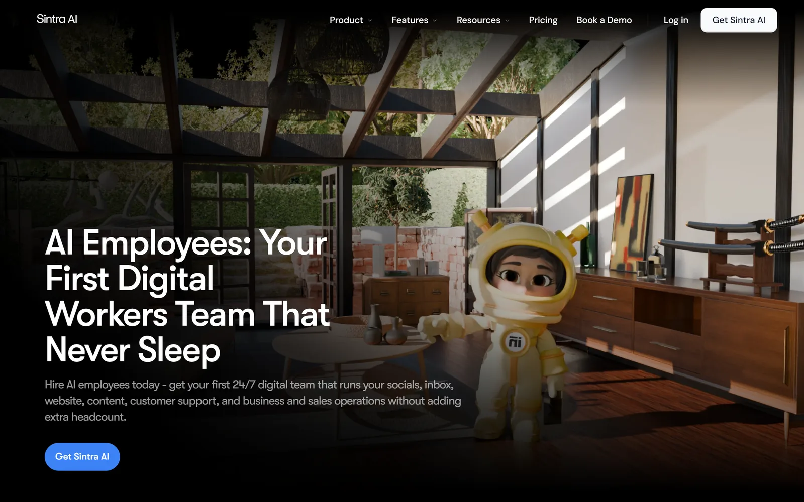 Sintra's homepage: "AI Employees: Your First Digital Workers Team That Never Sleep", beside one of its animated helper characters.