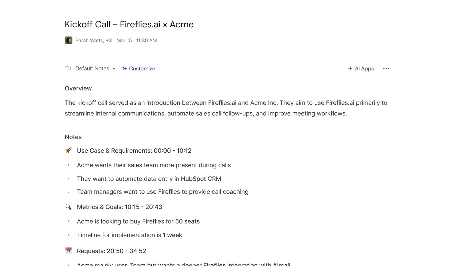 A Fireflies meeting page: the overview, notes with timestamps, and action items per person.