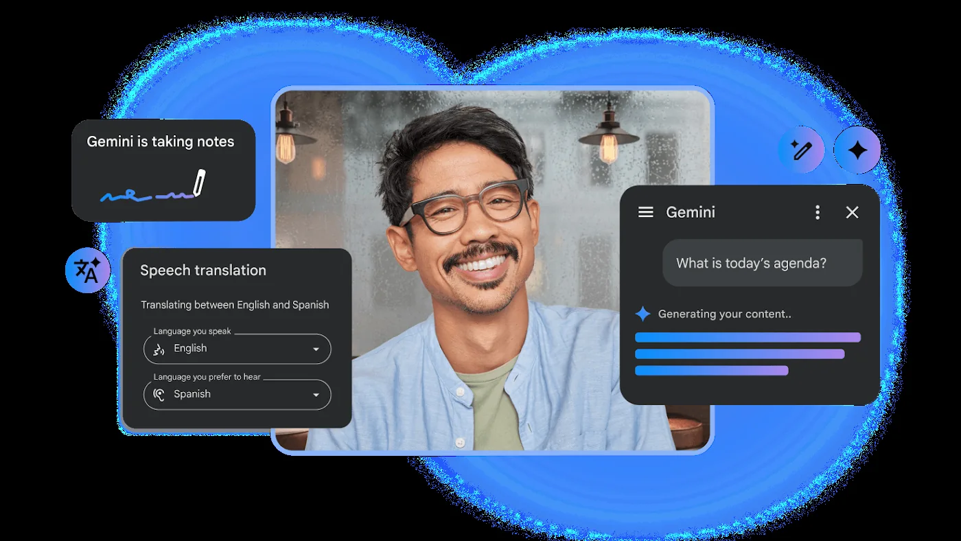 Google Meet with Gemini taking notes: the meeting on the left and the AI-generated notes panel beside it.
