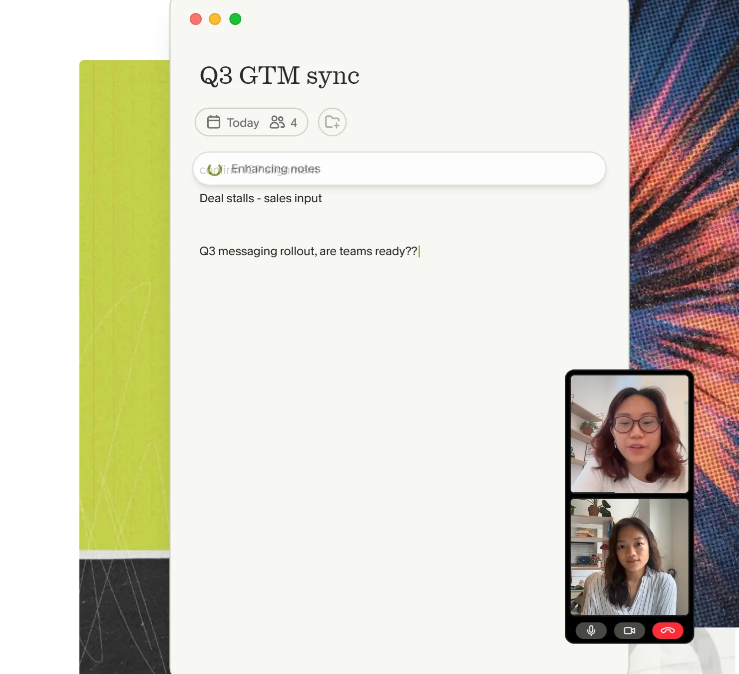 Granola's note window during a call, with the meeting's own notes and a Generate notes button under them.