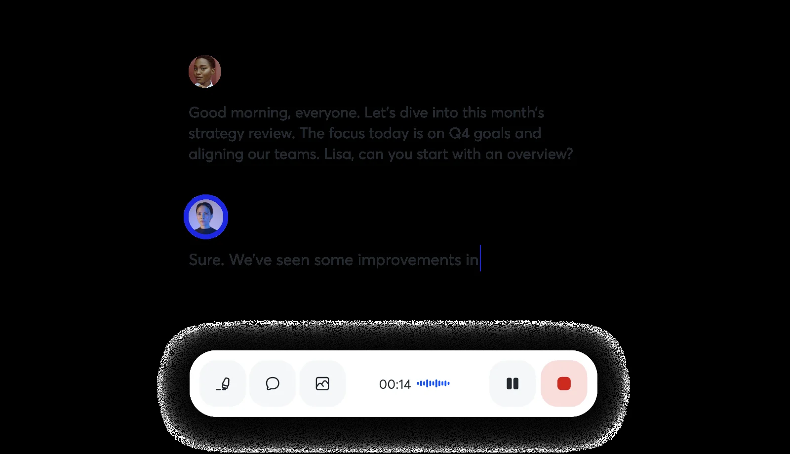 Otter's live transcript: two speakers with timestamps, the text appearing as they talk, and the recording controls.