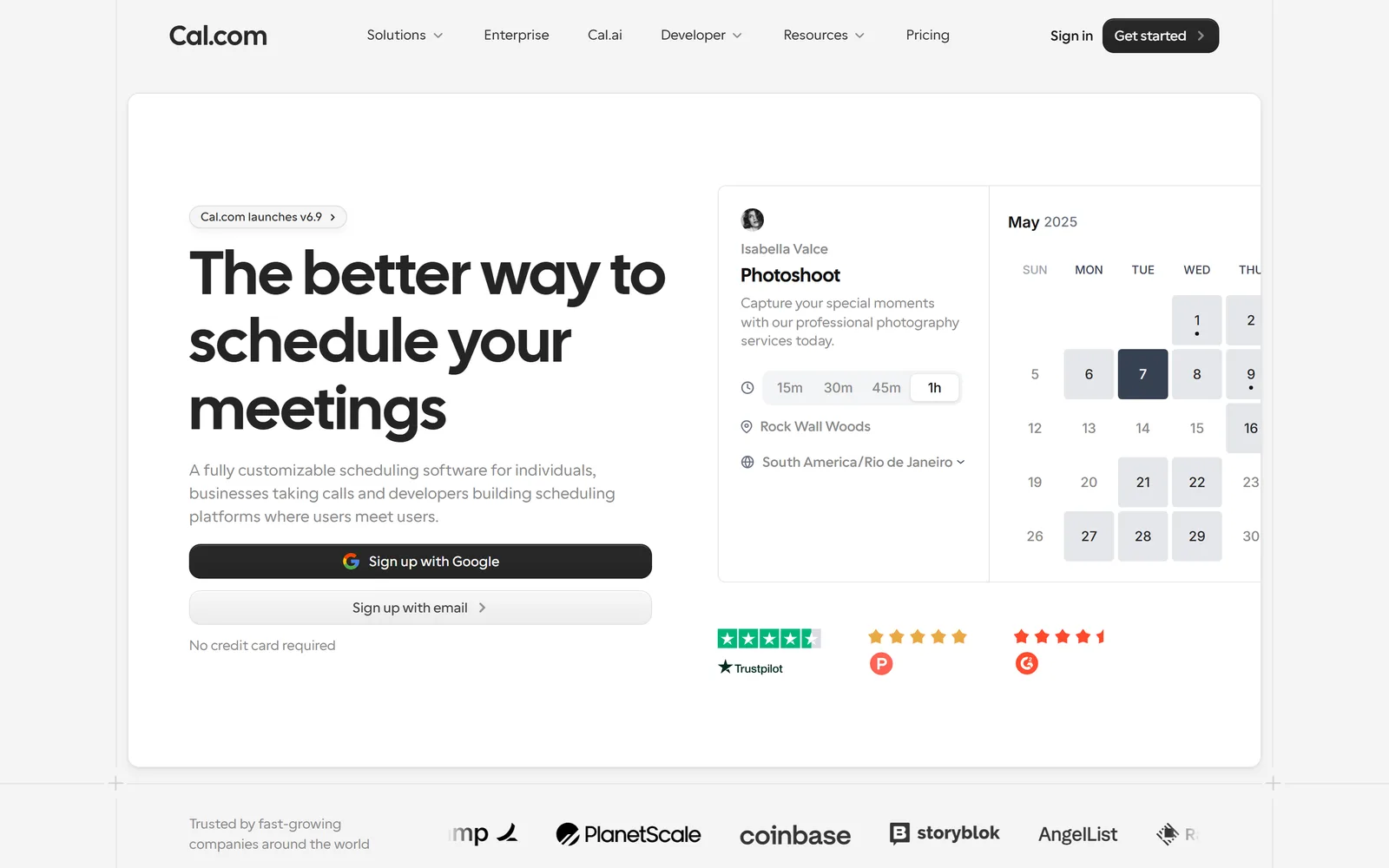 Cal.com's homepage: "The better way to schedule your meetings", beside a booking card with duration choices and a month calendar.