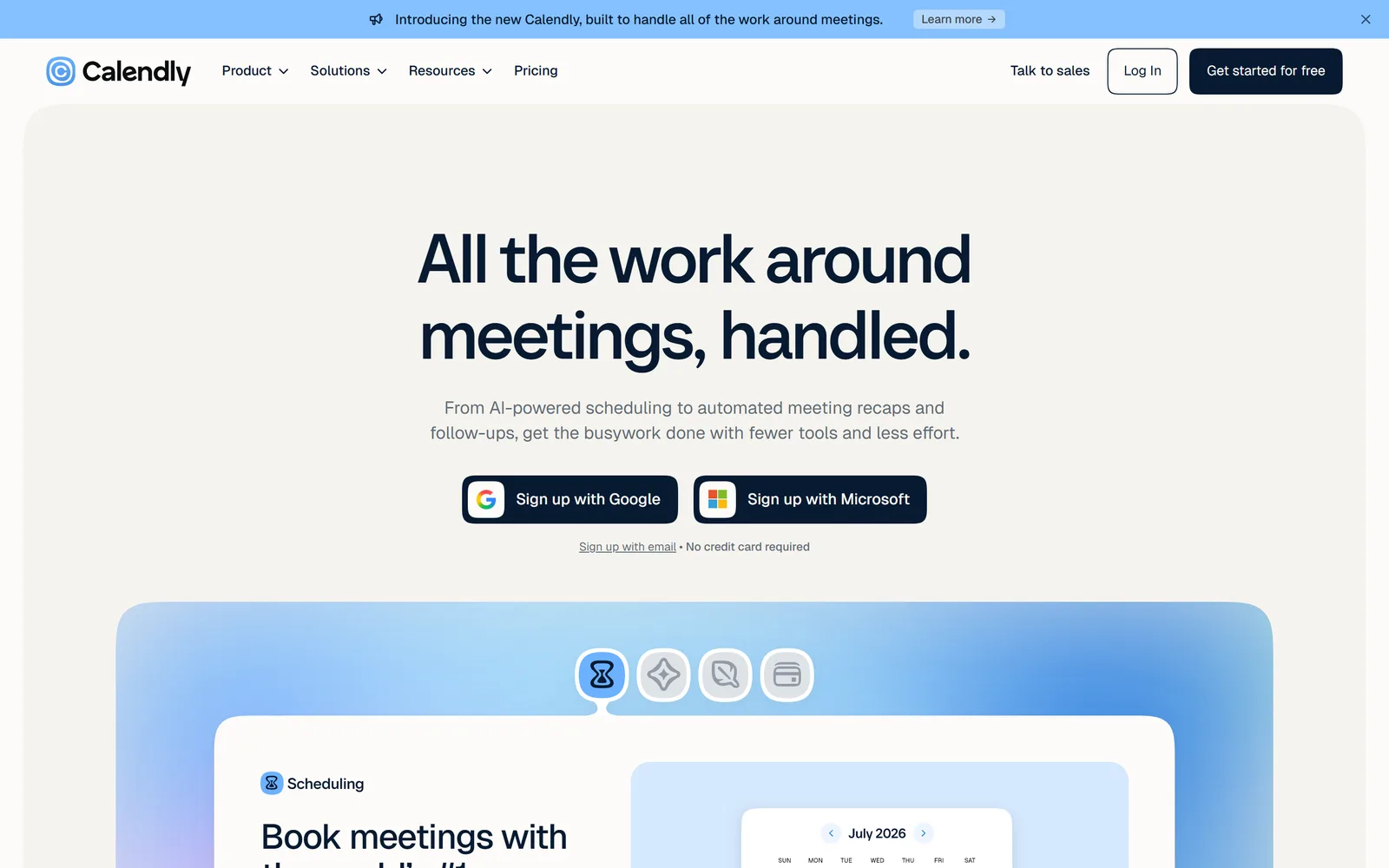 Calendly's homepage: "All the work around meetings, handled.", with sign-up buttons for Google and Microsoft and a scheduling card below.
