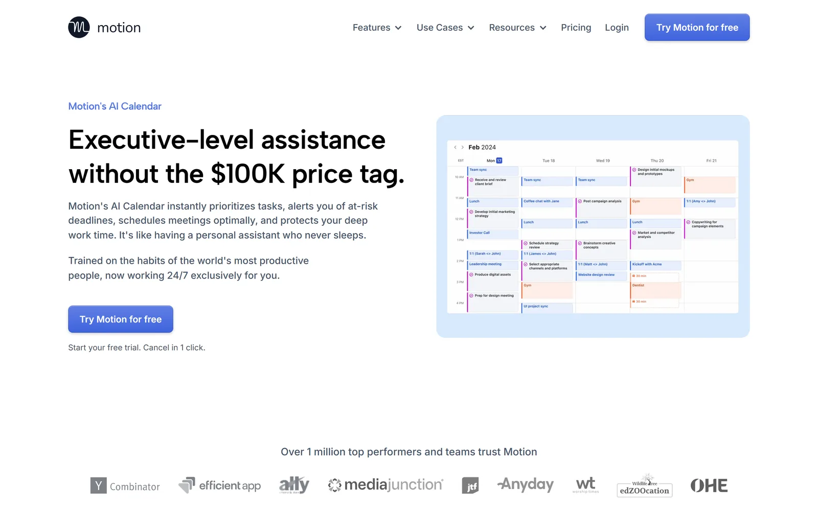 Motion's AI Calendar page: "Executive-level assistance without the $100K price tag", beside a week view where tasks and meetings share the calendar.