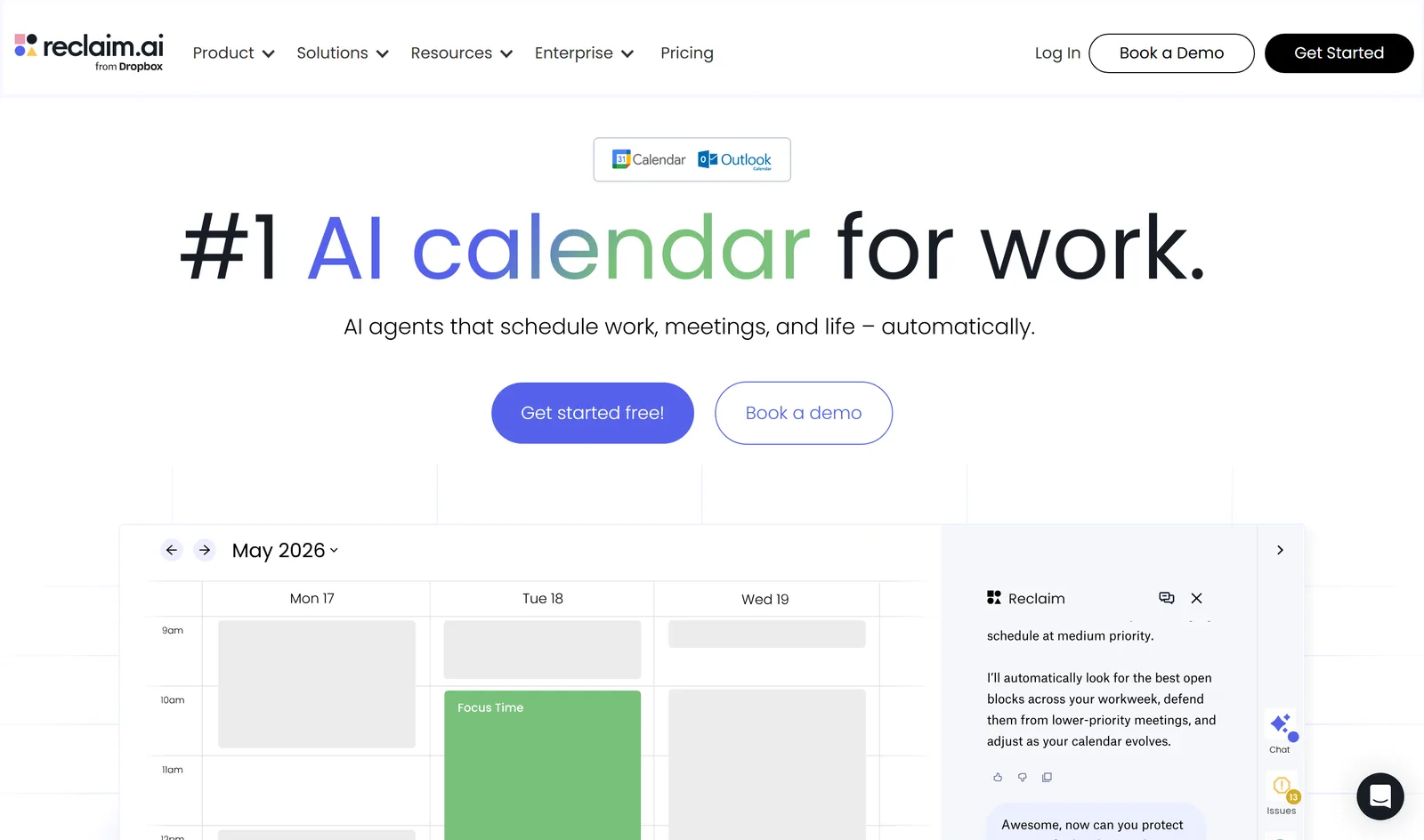 Reclaim's homepage: "#1 AI calendar for work.", a week calendar with a green Focus Time block, and Reclaim's chat panel explaining how it will protect that time.