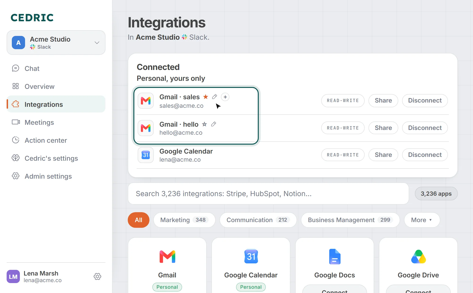The Integrations page in Cedric: under Connected, Gmail · sales (starred) and Gmail · hello, each with a pencil to rename, and the Gmail card below saying Add another.