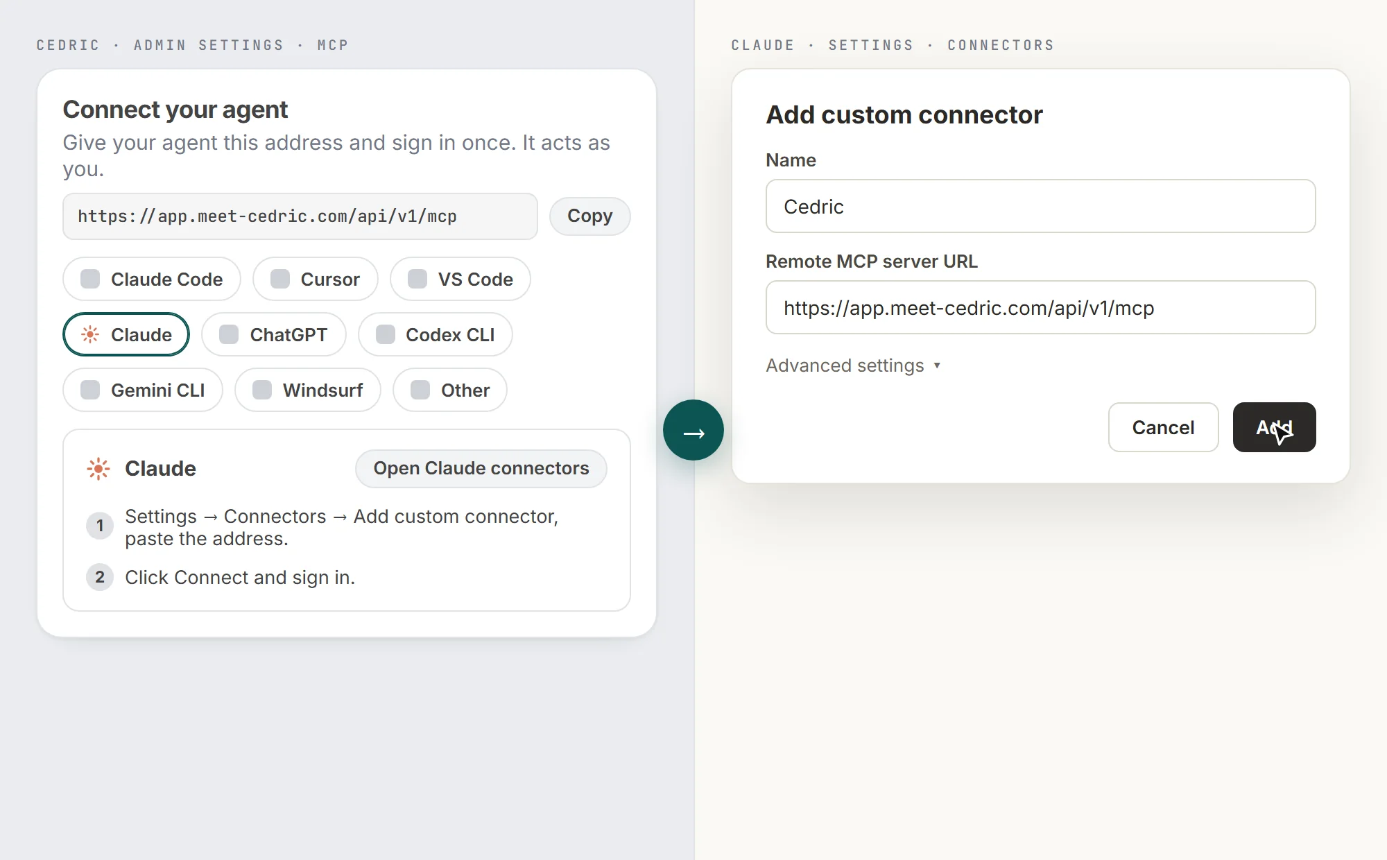 Left: Cedric's MCP settings with the address and the Claude tile. Right: Claude's Add custom connector dialog with the same address pasted in.