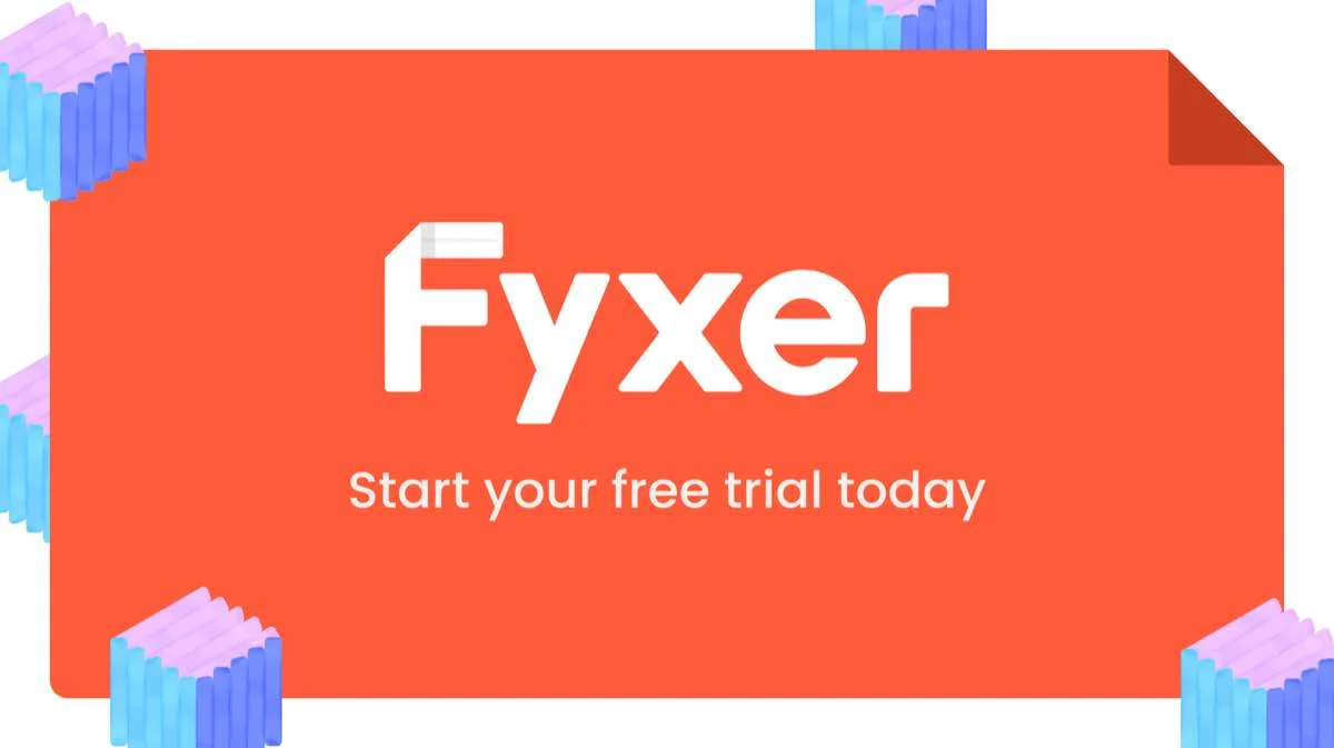 Fyxer's own share image: the Fyxer wordmark in white on an orange card.