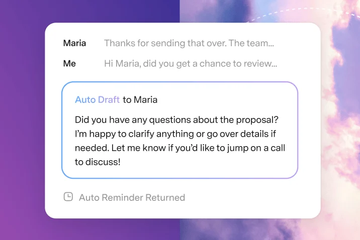 Superhuman's own feature card for Auto Draft: a drafted reply to Maria waiting in the thread, with a reminder set.