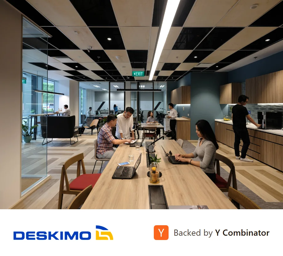 People working at a shared desk at Bridge+ Ascent, a Deskimo workspace in Singapore. Under the photo, the Deskimo logo and the line Backed by Y Combinator.