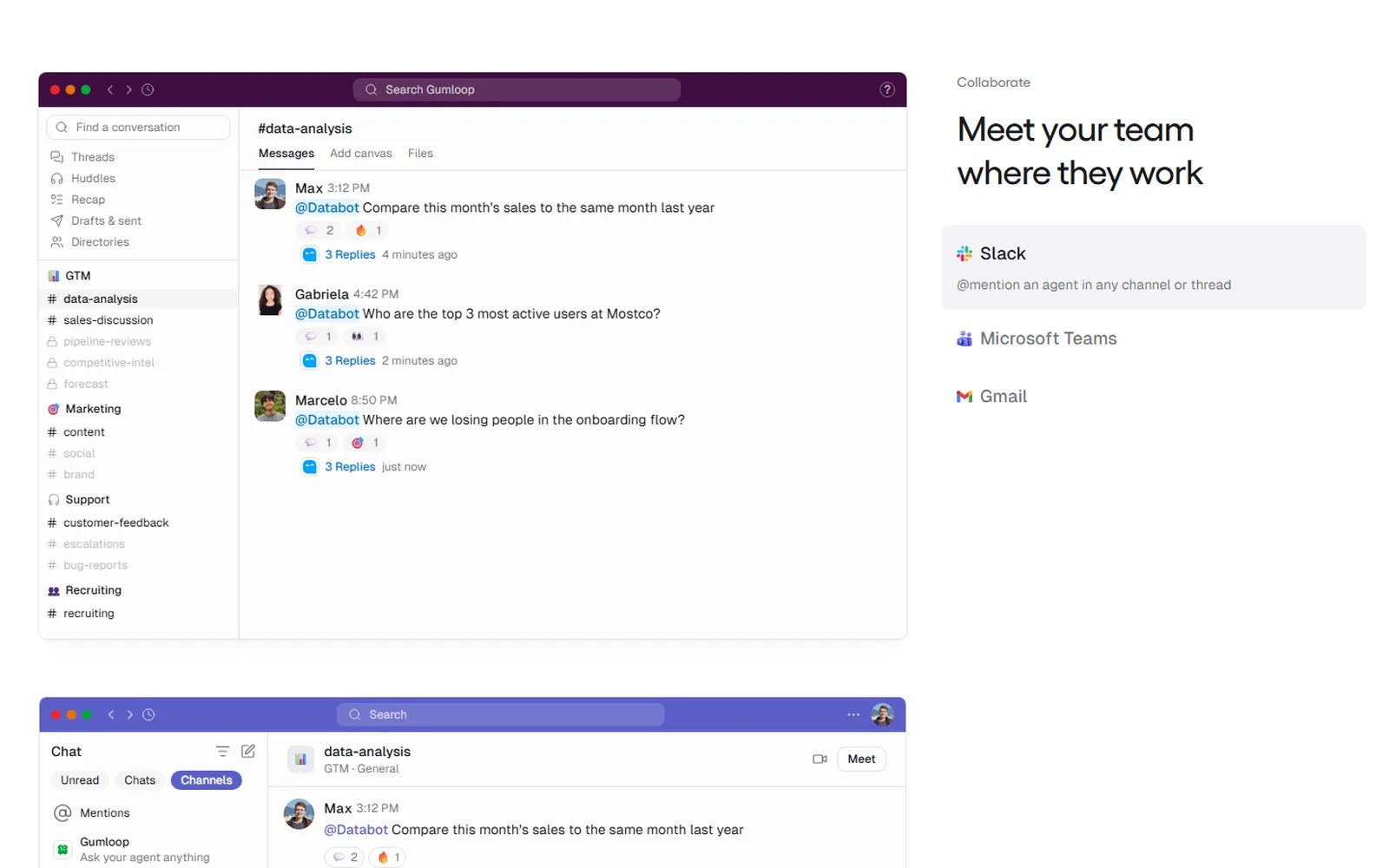Gumloop's homepage section Meet your team where they work: a Slack channel where three people @mention an agent, beside the list of tools it works in, Slack first.