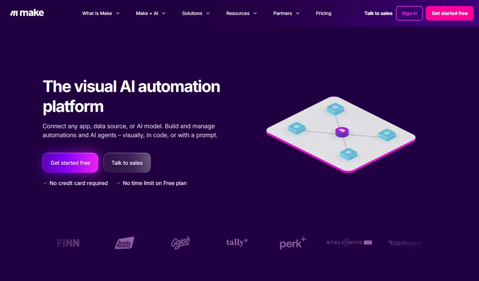 Make's homepage: the headline The visual AI automation platform on a dark purple ground, beside a drawing of connected modules.