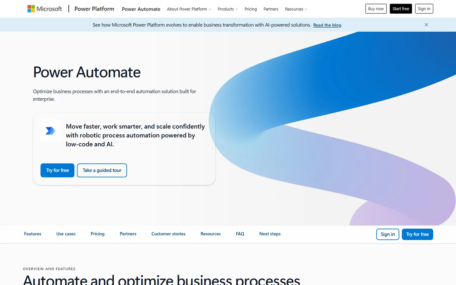 Microsoft's Power Automate page: the product name, the line Optimize business processes with an end-to-end automation solution built for enterprise, and a Try for free button.