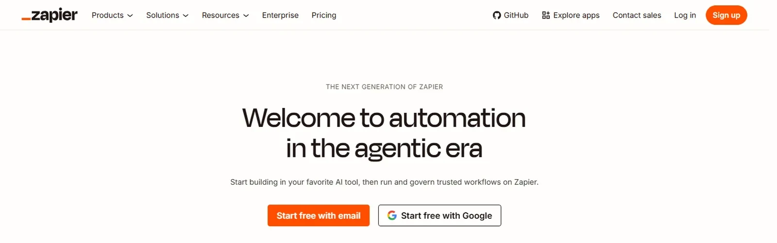Zapier's homepage: the headline Welcome to automation in the agentic era, with buttons to start free by email or with Google.